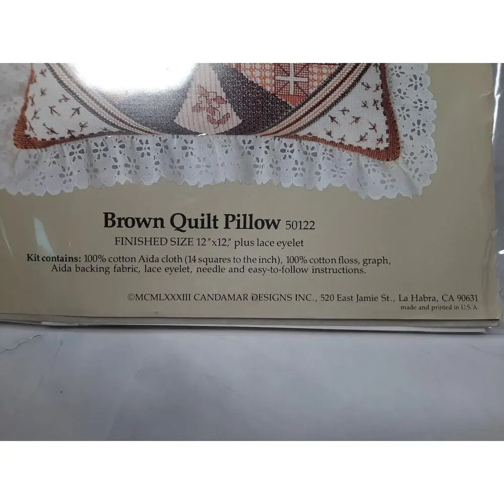 Vtg 1983 Candamar Something Special Counted Cross Stitch Kit Brown Quilt Pillow